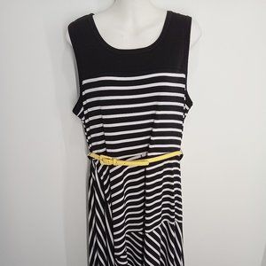 George mid length black and white dress with yellow belt